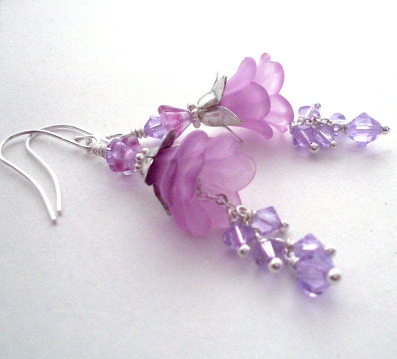 Lilac lucite flower earrings, crystal dangle long layered earrings, pink lilac, Silver plated, pastel jewelry for wedding, Spring jewelry image 3