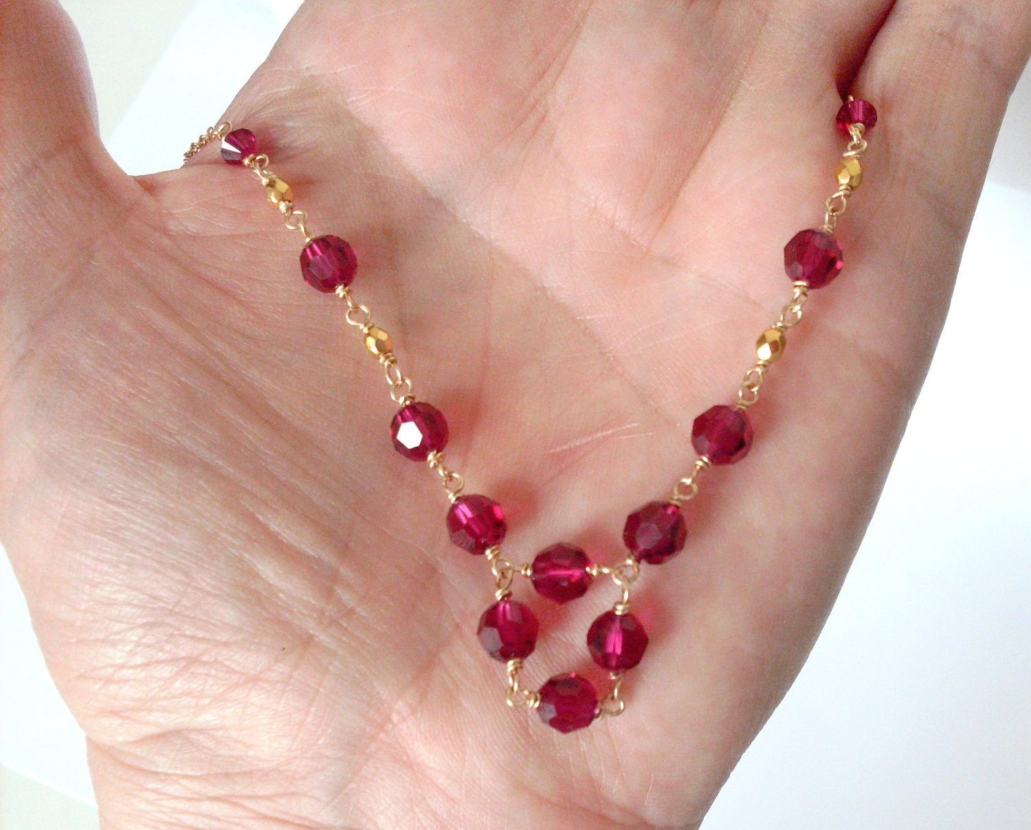 Red Crystal Necklace, Ruby Color Bead Link Necklace, 14K Gold Fill Delicate Chain, Swarovski Crystal, Red and Gold Formal Crystal Jewelry