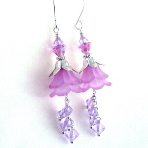 Lilac lucite flower earrings, crystal dangle long layered earrings, pink lilac, Silver plated, pastel jewelry for wedding, Spring jewelry image 2