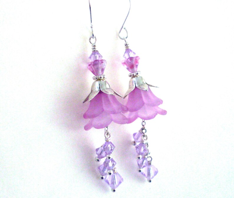 Lilac lucite flower earrings, crystal dangle long layered earrings, pink lilac, Silver plated, pastel jewelry for wedding, Spring jewelry image 2