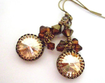 Golden brown crystal earrings, bead cluster rhinestone earrings, Swarovski crystal Golden Shadow large stone, antiqued brass crystal jewelry