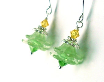 Light green flower earrings, layered lucite n crystal earrings, yellow and green Swarovski beads, Silver plated, floral jewelry