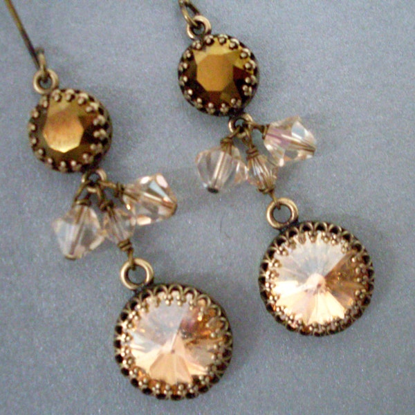 Golden rhinestone earrings, long dangle earrings, Swarovski crystal stones n beads, antique brass, vintage style, monochrome jewelry