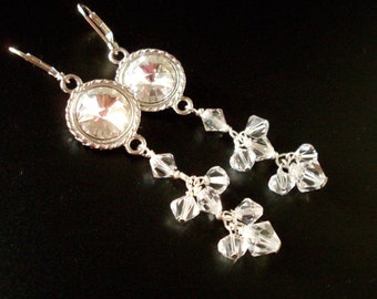Large rhinestone earrings, clear crystal bead dangles, long drops, Sterling Silver leverbacks, Swarovski crystal, bridal jewelry