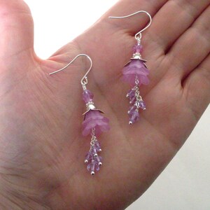 Lilac lucite flower earrings, crystal dangle long layered earrings, pink lilac, Silver plated, pastel jewelry for wedding, Spring jewelry image 5