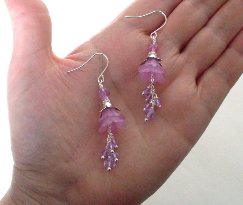 Lilac lucite flower earrings, crystal dangle long layered earrings, pink lilac, Silver plated, pastel jewelry for wedding, Spring jewelry image 5