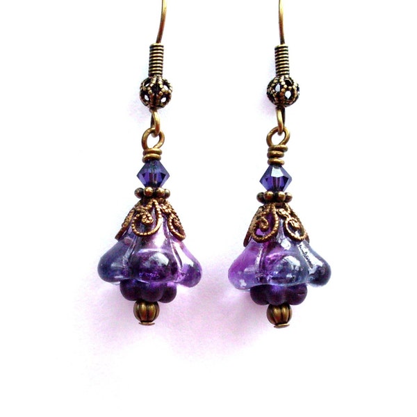 Purple flower bead earrings, Czech glass layered earrings, antiqued brass filigree, ornate earrings, purple flower jewelry, brass jewelry