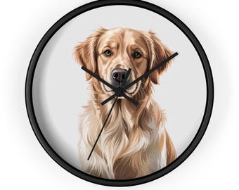 Golden Retriever Dog Wall Clock – Wood Frame, Plexiglass Face, Silent Mechanism