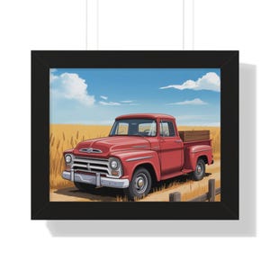 Impressão artística da fazenda Red Truck: pôster emoldurado de casa de fazenda rústica