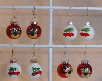 Shiny Glass Ball Holiday Ornament Earrings - Reindeer or Car with Christmas Tree,  1", 25mm