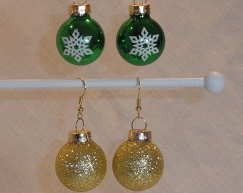 Shiny Green Snowflake or Gold Glitter Glass Ball Christmas Ornament Holiday Earrings