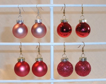 Pink Shiny, Satin or Glitter Pair of Glass Ball Ornament Earrings with Gold Toppers and Ear Wires or Silver Toppers and Ear Wires