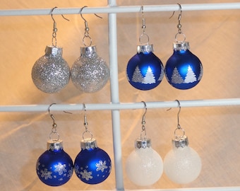 Blue & Silver Snowflake or Holiday Tree Satin or Glitter Glass Ball Christmas Ornament Holiday Earrings Silver Glittery