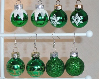 Green Glass Ball Christmas Ornament Holiday Earrings - Shiny, Satin, Glitter, Snowflakes, or Icicles