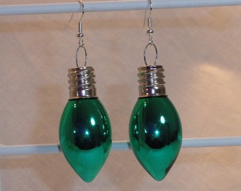 Green Mercury Glass Light Bulb Dangle Earrings - Christmas Holiday Shiny