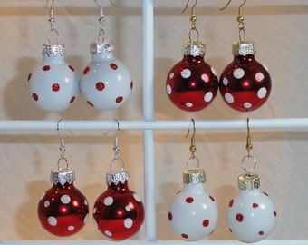 Red & White Polka Dots Shiny Glass Ball Ornament Earrings Christmas Holiday Gold-Tone or Silver