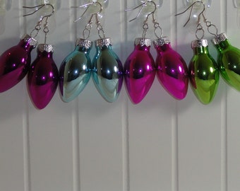Glass Light Bulb Christmas Ornament Holiday Earrings - Pink, Purple, Blue or Green