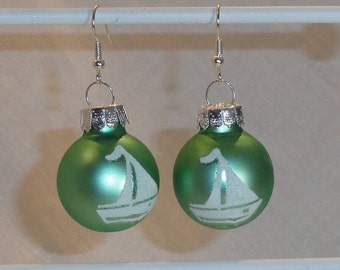 Satin Green and White Sailboat Round Glass Ball Ornament Earrings