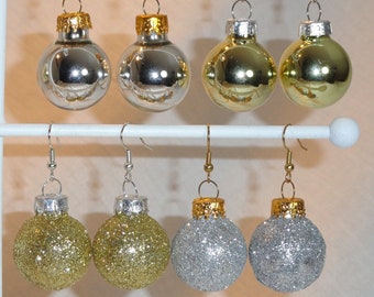 Silver & Gold Two-Tone Glass Ball Ornament Earrings Christmas Holiday Shiny, Matte, Glitter, or Icicles