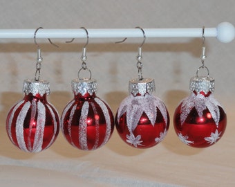 Red Shiny with White Glitter Glass Ball Christmas Ornament Holiday Earrings - Striped or Swag