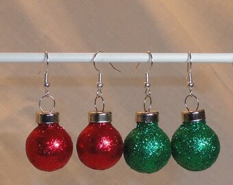 Glittery Glass Mini Ball Ornament Holiday Earrings for Christmas - Red or Green - 20 mm