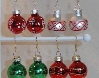 Glass Ornament Ball Holiday Earrings, Snowflake and Glitter Designs - Red, Green or Silver