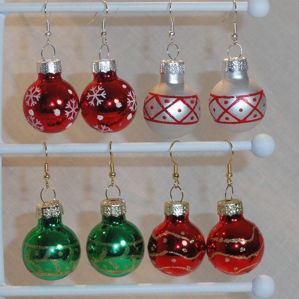 Glass Ornament Ball Holiday Earrings, Snowflake and Glitter Designs - Red, Green or Silver