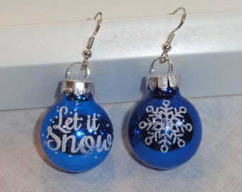 Blue & White Let It Snow and Snowflake Pair of Shiny Glass Ball Ornament Earrings White Glitter