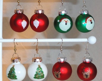 Shiny or Satin Glass Ball Holiday Ornament Earrings - Reindeer, Santa, Gnome or Christmas Tree,  1"  (25mm)