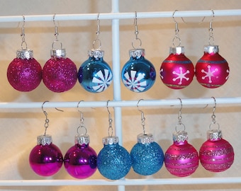 Blue or Pink with White Snowflake or Glittery Glass Ball Christmas Ornament Holiday Earrings