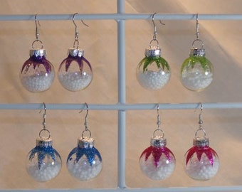 Confetti Fun Filled Clear Glass Ball Ornament Holiday Earrings with Glitter Tops