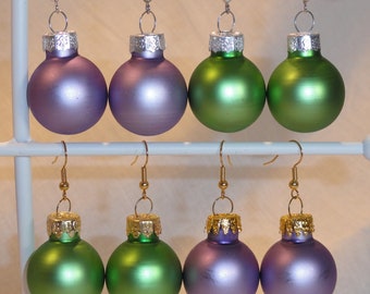 Purple or Green Shiny or Satin Glass Ball Ornament Earrings Christmas Holiday Gold-Tone or Silver