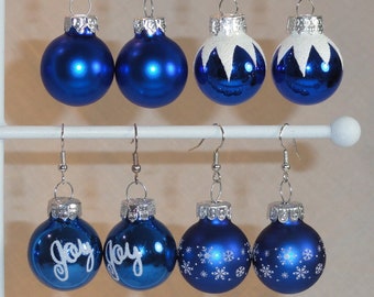 Blue Glass Ball Christmas Ornament Holiday Earrings - Shiny, Satin, Glitter, Joy, Snowflakes, or Icicles