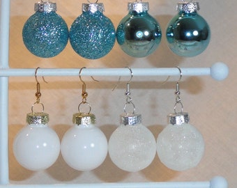 Aqua Blue or White Glass Ball Christmas Ornament Holiday Earrings - Shiny or Glittery