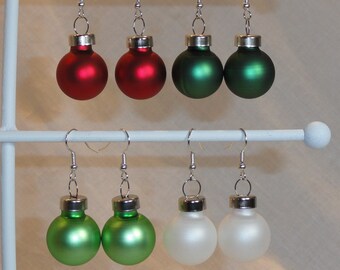Satin Glass Mini Ball Ornament Holiday Earrings for Christmas - Red, Green or White - 20 mm