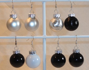 Black & White or Silver Pair of Glass Ball Ornament Earrings Shiny Satin or Glitter - Formal Holiday Party or New Year's Eve