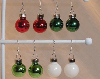 Shiny Glass Mini Ball Ornament Holiday Earrings for Christmas - Red, Green or White - 20 mm