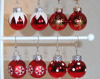 Red & White Snowflake and Glitter, Satin or Shiny Glass Ball Christmas Ornament Holiday Earrings