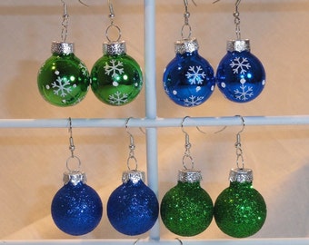Blue or Green with White Snowflakes and Polka Dots or Glitter Glass Ball Christmas Ornament Holiday Earrings