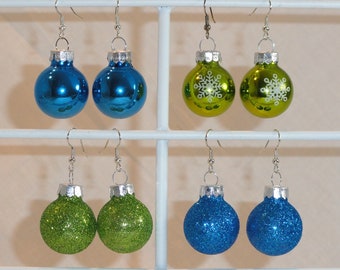 Blue or Green Glitter or Shiny Glass Ball Christmas Ornament Holiday Earrings Snowflake