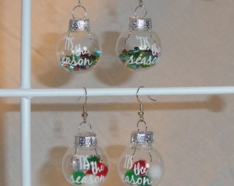 Tis the Season Clear Glass Ball Ornament Earrings Christmas Holiday Tinsel Sparkle