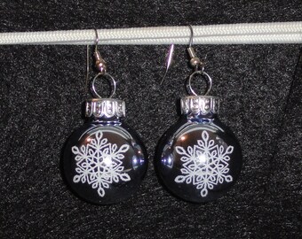 Shiny Silver-Blue Glass Ball Ornament Earrings Christmas Holiday with White Glitter Snowflake