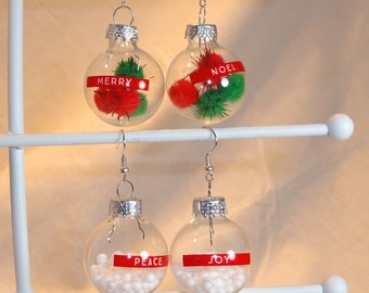 Merry Noel Peace Joy Pom Pom or  Confetti Fun Filled Clear Glass Ball Ornaments Holiday Earrings 30mm