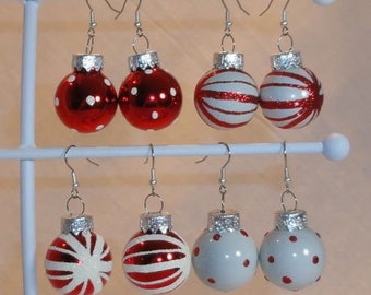 Red & White Polka Dots or Peppermint Swirls with Glitter - 25mm Glass Ball Ornament Earrings