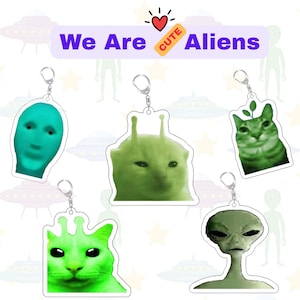 Cute Alien Acrylic Keychain | Funny Alien Cat Keychain | Kawaii Space Charm | UFO Lover Gift | Meme Style Backpack Bag Charm