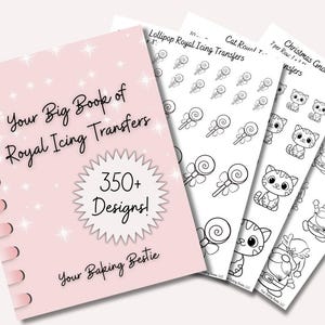 Puede incluir: Un libro rosa con espiral titulado "Your Big Book of Royal Icing Transfers" con "350+ Designs!" y el texto "Your Baking Bestie". Varias hojas blancas presentan dibujos lineales negros de piruletas, gatos y gnomos.