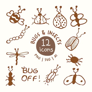 May include: A collection of 12 brown hand-drawn insect icons including a bee, ladybug, butterfly, caterpillar, dragonfly, and beetle. The central brown circle features the text BUGS & INSECTS 12 icons PNG | SVG | AI and the text BUG OFF!