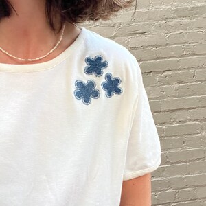 Upcycled T-Shirt | 100% Cotton White Top with Applique Denim Flowers
