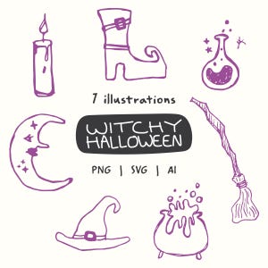 May include: A collection of seven purple line art illustrations featuring a candle, a buckled boot, a potion bottle, a crescent moon, a broomstick, a witch hat, and a bubbling cauldron, with the text 7 illustrations WITCHY HALLOWEEN PNG SVG AI.