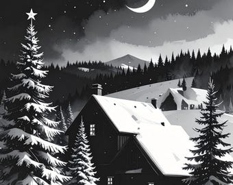 Winter Night Scene – Schwarz-Weiß Weihnachtslandschaft mit Haus und Tannen – PNG